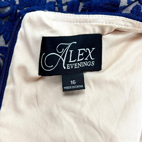 Alex Evenings Women's Navy Blue Gown Embroidered Lace Keyhole Belted Sz 16 NWT