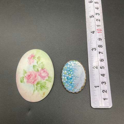 Vintage Hand Painted Porcelain Floral Brooch Lot 2 Pink Rose Blue Flower Signed