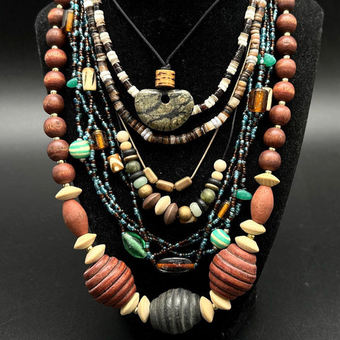 Boho Tribal Costume Jewelry Lot 10 Necklaces Wood Bone Shark Tooth Earthy Tone