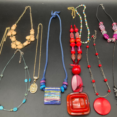 Vintage & Modern Fashion Costume Jewelry Lot 10 Necklaces Bib Pendant Red Blue