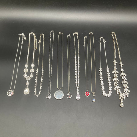 Fashion Jewelry Necklace Lot 11pc Silver Tone Rhinestone Faux Pearl Heart Locket