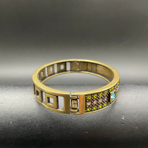 Heidi Daus Bronze Tone Multi-Color Crystal Hinged Bangle Bracelet Art Deco 7"