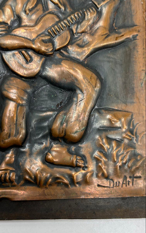 DuArt Signed Hammered Copper Relief Plaques Uruguay Gaucho Folk Art Set of 2