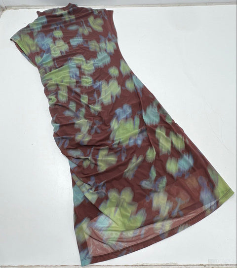Anthropologie Women's Brown Green Abstract Mesh Ruched Mock Neck Dress Sz LP