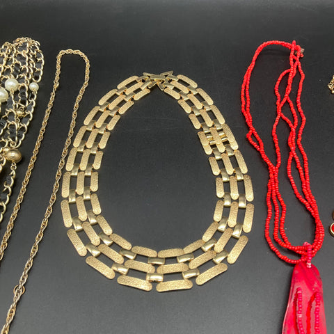 Vintage & Modern Statement Costume Jewelry Lot of 7 Necklaces Bracelet Gold Tone