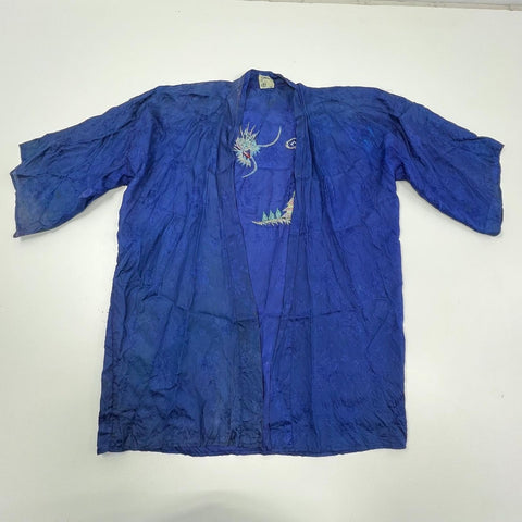 Vintage Japanese Dragon Embroidered Souvenir Robe Jacket Blue Rayon Mid-Century