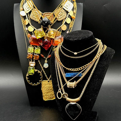 Gold Tone Costume Jewelry Lot Statement Necklaces Boho Modern Mixed Style