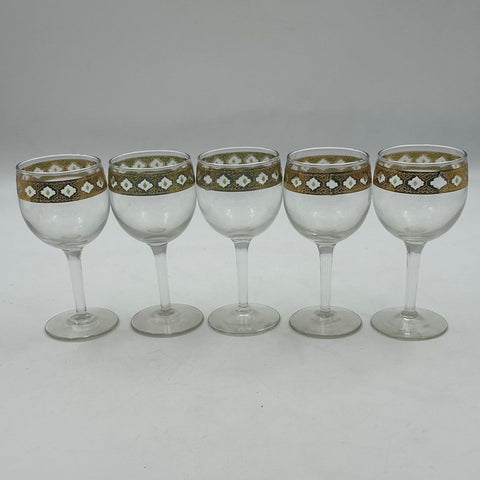 Vintage Gold Encrusted Stemware Wine Glasses 5 Piece Lot Mid-Century 5.5 Inch