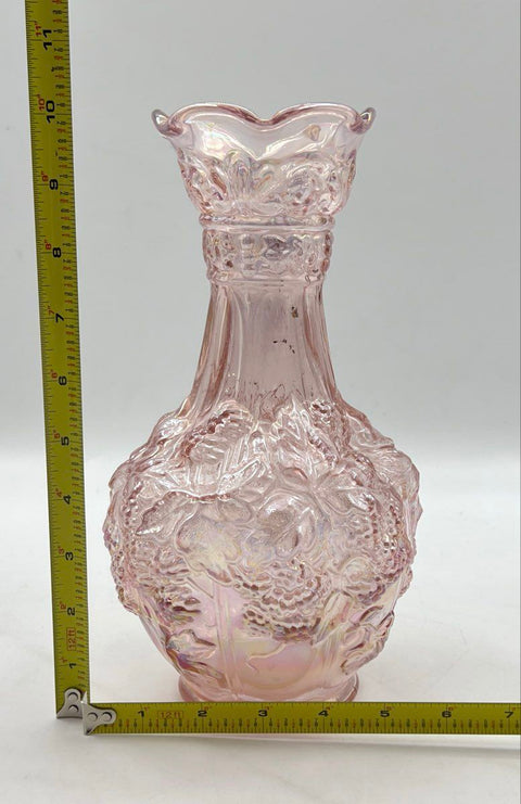 Carnival Glass Pink Grape and Leaf Pattern Vase Ruffled Rim 10.5 Inch Vintage