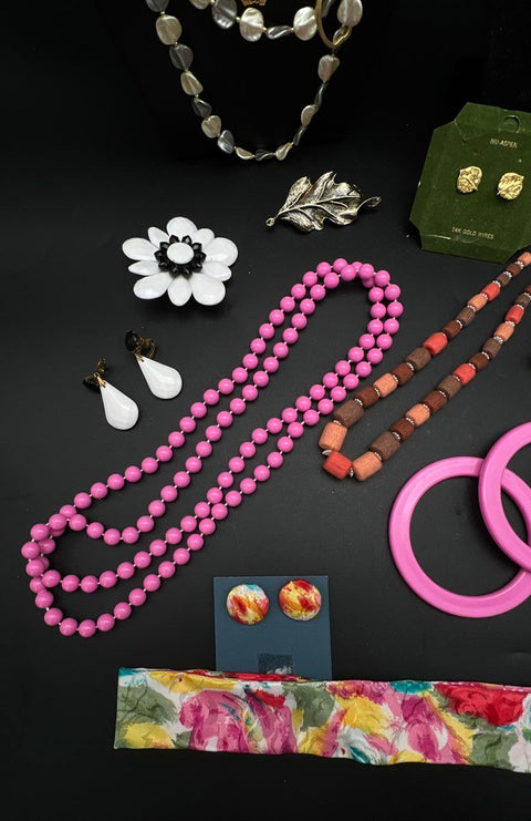 Vintage Costume Jewelry Lot 25pc Pink Beaded Leaf Necklaces Earrings Bangles