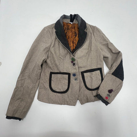 Desigual Women's Tan Gray Wool Blend Art to Wear Blazer Jacket Size 12