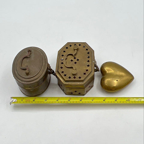 Vintage Brass Lot 3 Pieces Pierced Cricket Box Oval Casket Heart Paperweight