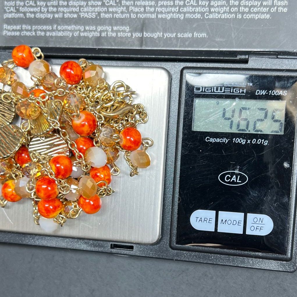 Orange Multifaceted Beaded Gold Tone Necklace