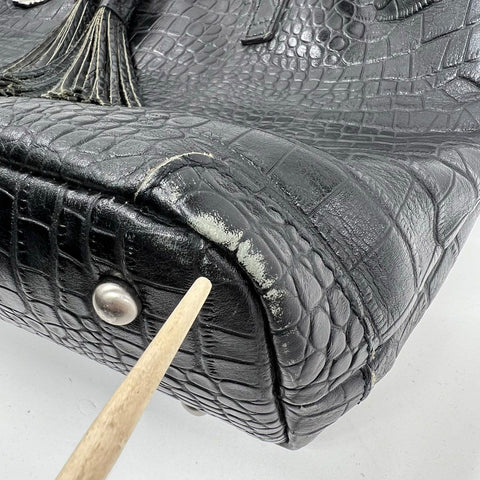 Patricia Nash Black Croc Embossed Leather Tassel Tote Shoulder Bag