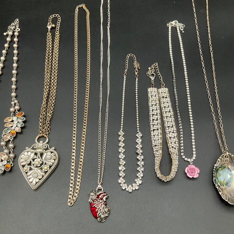 Costume Jewelry Mixed Vintage Style Lot 11 Necklaces Rhinestone Heart Cross
