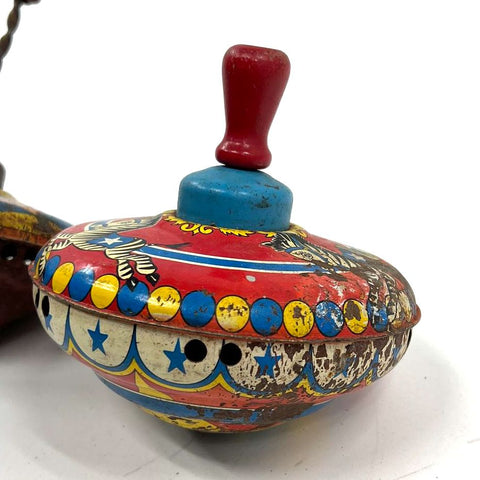 Vintage Toy Lot Fisher Price Music Box Teaching Clock & Tin Litho Spinning Tops