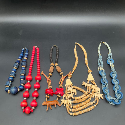 Vintage Boho Wooden Jewelry Lot 5 Necklaces Carved Elephant Cow Beads