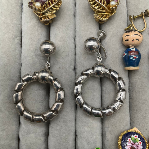 Vintage Costume Jewelry Lot 5 Pairs Micro Mosaic West Germany Fruit Kokeshi