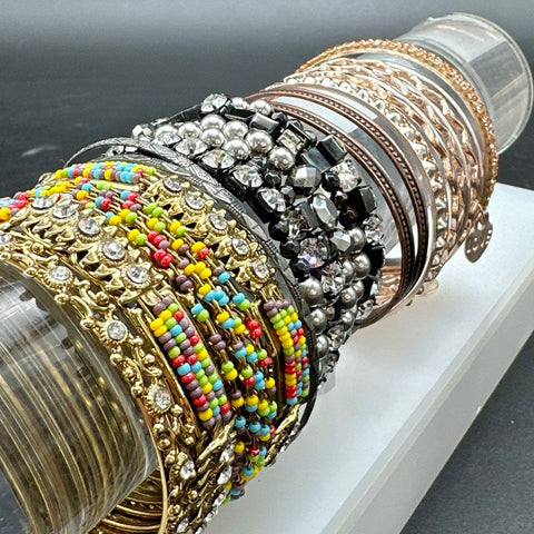 Fashion Costume Jewelry Lot 18 Bangles Cuffs Rhinestone Beaded Boho Mixed Tone