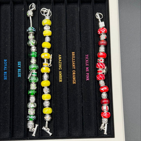 Willabee & Ward Charm Bracelet 5pc Set with Display Case Collectible Glass