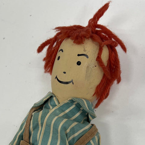 Vintage Wood Folk Art Doll Boy Figure Red Hair Overalls 12" Hand Painted