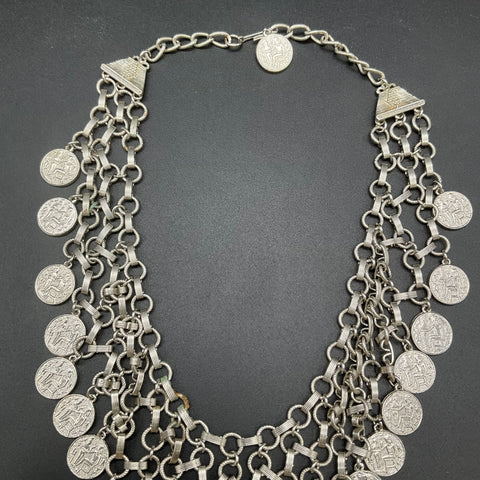 Vintage Egyptian Revival Silver Tone Multi Strand Coin Bib Necklace