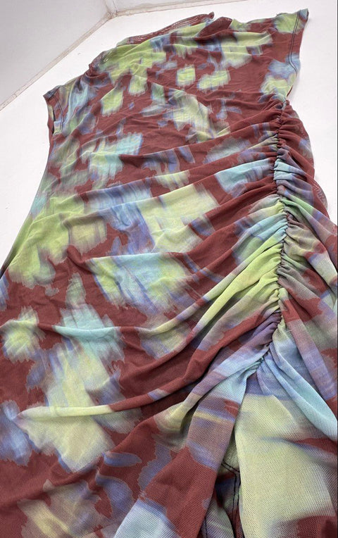 Anthropologie Women's Brown Green Abstract Mesh Ruched Mock Neck Dress Sz LP