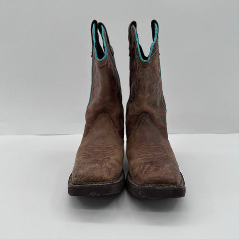 Justin Brown Leather Teal Stitching Square Toe Western Boots Size 8.5