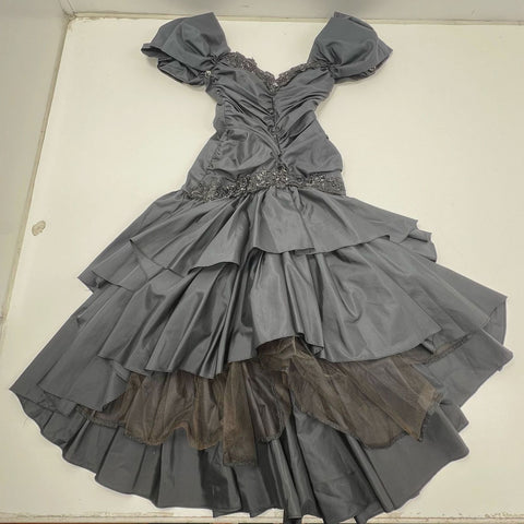 Vintage 80s Zum Zum Black Puff Sleeve Tiered Ruffle Prom Dress Goth Sz 5/6