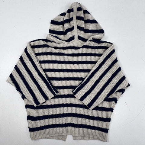 Astars Women's Gelato Cozy Poncho Sweater Oatmeal Blue Striped Hooded Sz M NWT