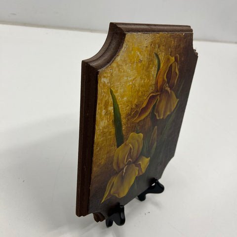 R. Scranton Oil on Wood Panel Painting Yellow Iris Floral Signed 12x10.5 Art