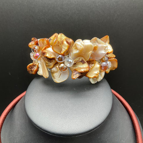 Mother of Pearl Shell Flower Necklace and Bracelet Set Bronze Silk Cord