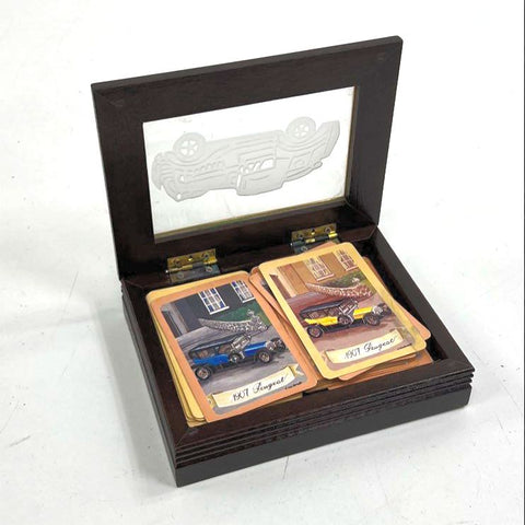 Vintage 80s Peugeot 1907 Car Playing Cards Wooden Display Box Automobilia