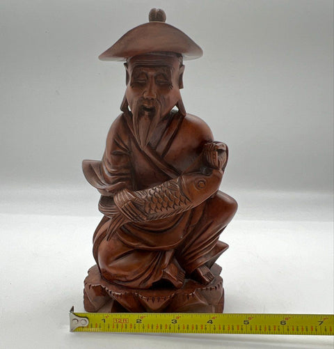 Nasco Vintage Carved Wood Fisherman Figure Asian Statue Holding Fish 9 Inch