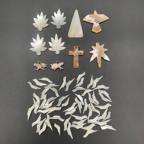 MOP Mother of Pearl Jewelry Lot Carved Bird Beads Leaf Cross Pendants Inlay