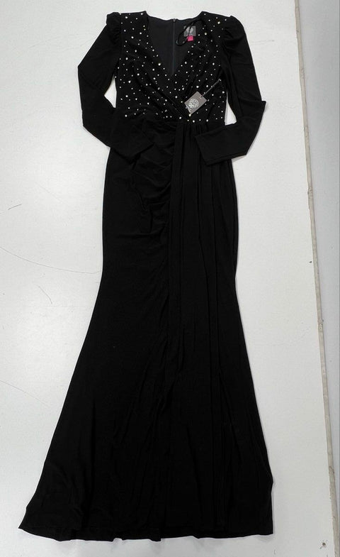 Vince Camuto Women's Black Rhinestone Long Sleeve Maxi Gown Dress NWT Size 6