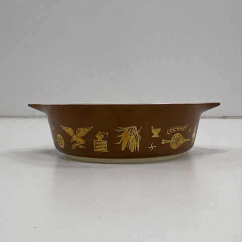 Pyrex Early American Casserole 471 1 Pt Brown Gold Eagle Vintage Ovenware