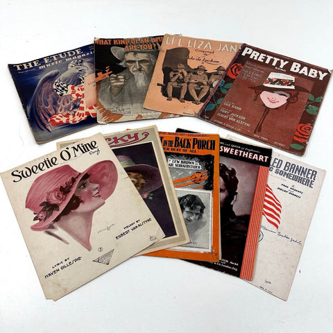 Lot of 9 Vintage Sheet Music 1910s-1940s Pretty Baby Li'l Liza Jane The Etude