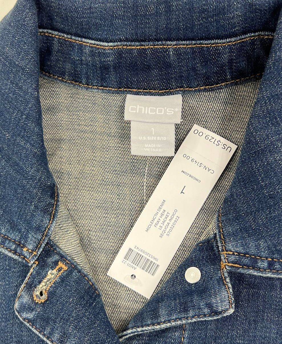 NWT Chico's Blue Stretch Fray Hem Denim Jean Jacket Women's Size 1 (M)