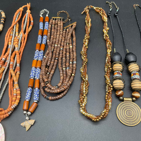 Boho Tribal Beaded Jewelry Lot 10 Necklaces Mother of Pearl Brass Wood Shell
