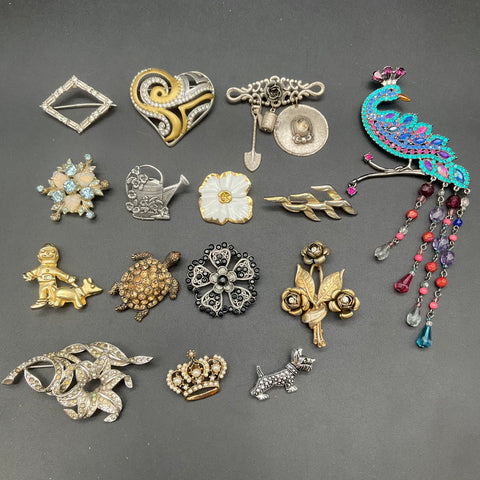 Vintage Costume Jewelry Lot of 15 Brooches Peacock Flower Rhinestone Animal Pins