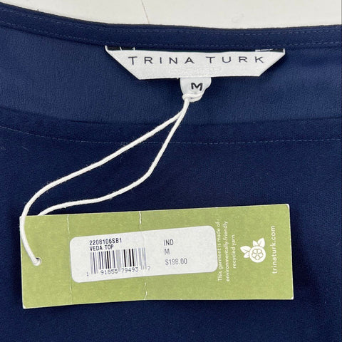 Trina Turk NWT Women's Veda Boat Neck Top Navy Blue Ruched Sleeve Sz M
