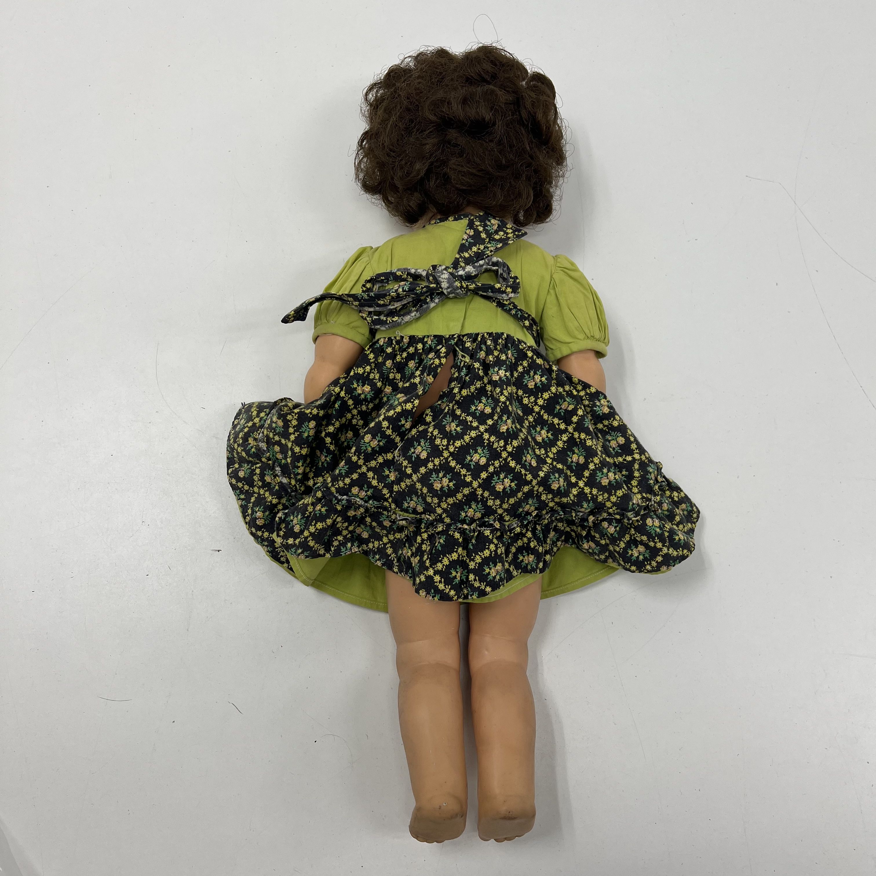 Vintage Composition Baby Doll 18" Green Floral Dress Brown Hair Sleep Eyes