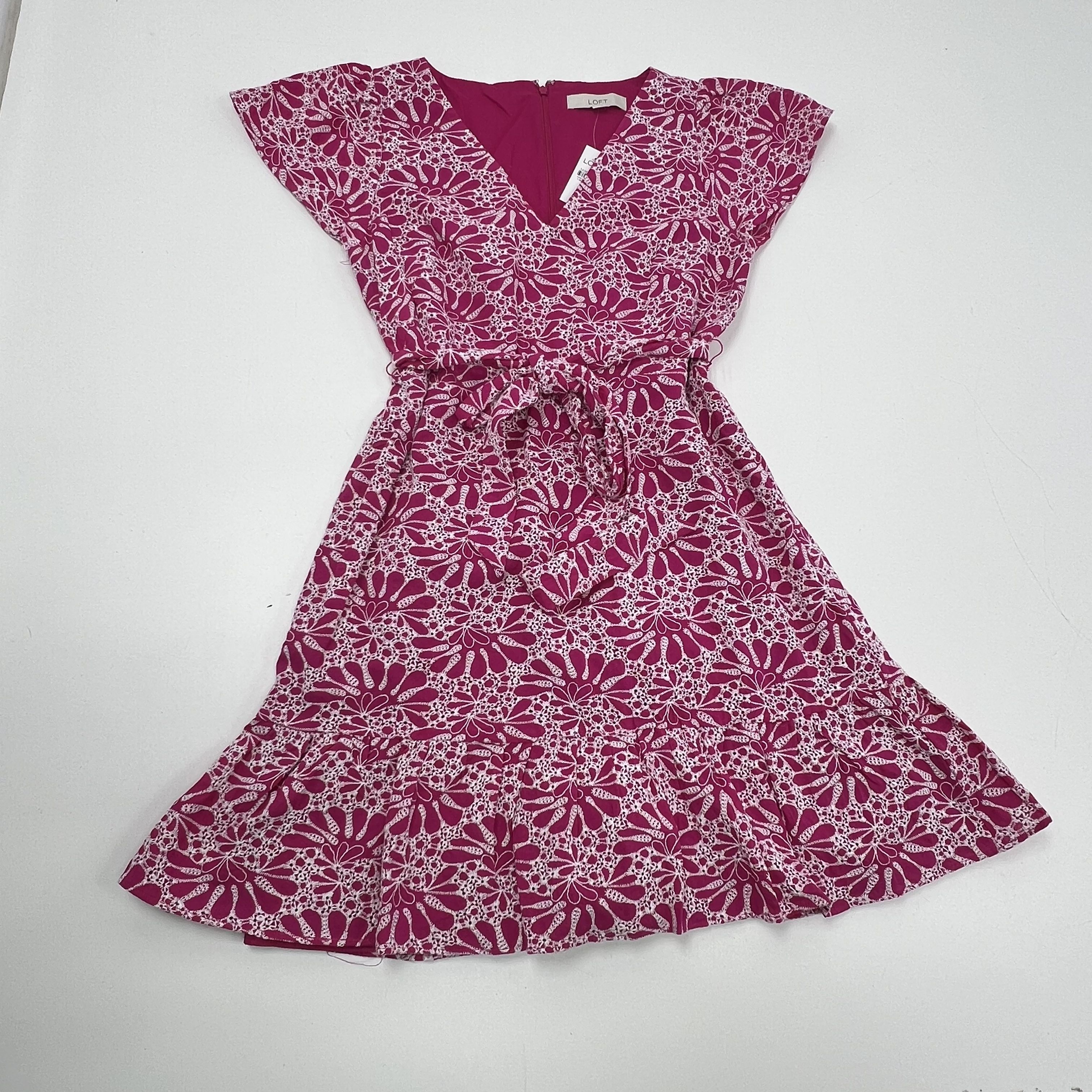 Loft Embroidered Eyelet Flare Dress Magenta Tie Waist Women's Size 8 NWT