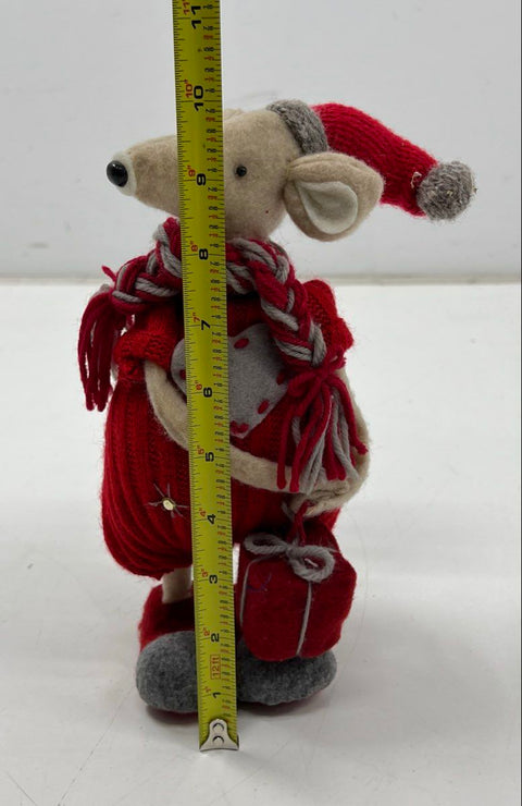 Christmas Rat Figurine Felt Fabric Holiday Decor 10 Inch Red Knitted Outfit
