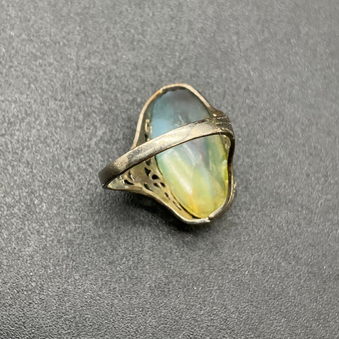 Vintage Art Deco Style Silver Tone Iridescent Glass Filigree Ring Size 4.5