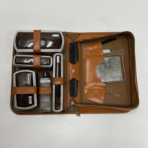 Vintage 1960s Mens Brown Leather Dopp Kit Travel Toiletry Grooming Set Case