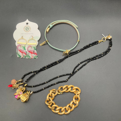 Spartina 449 Jewelry Lot 18K Gold Plated Fringe Earrings Charm Necklace Leather