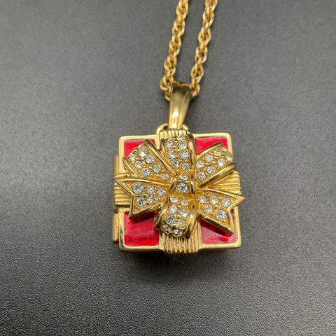 Swarovski Gold Tone Red Enamel Present Gift Box Locket Pendant Necklace