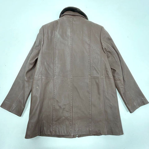 NWT Liz Claiborne Women's Brown Leather Coat Faux Fur Collar Quilted Liner Sz L